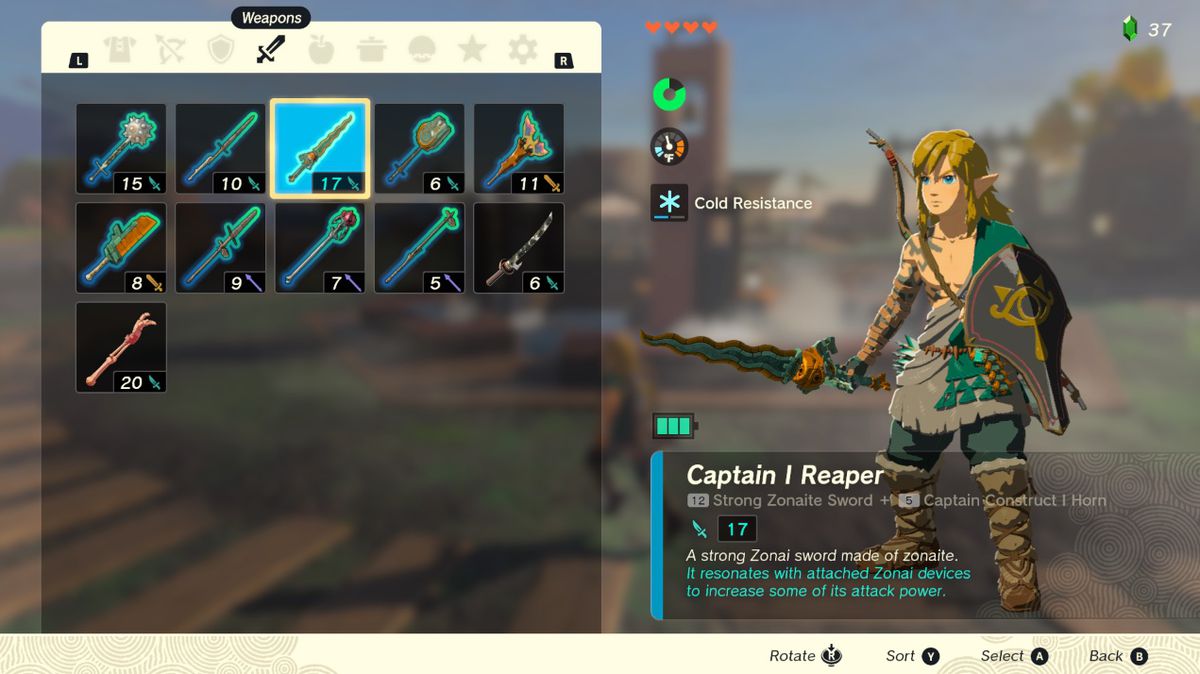 Link använder ett starkt zonaitsvärd med ökad vapenhållbarhet i Zelda Tears of the Kingdom.