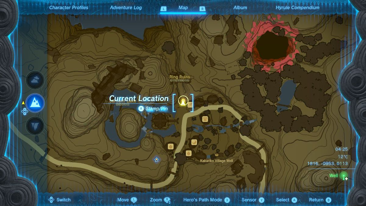 En karta visar platsen för Paya i Kakariko Village i Zelda Tears of the Kingdom.