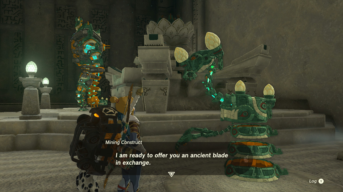 Link pratar med en Construct för att byta mot ett gammalt blad i Zelda Tears of the Kingdom.