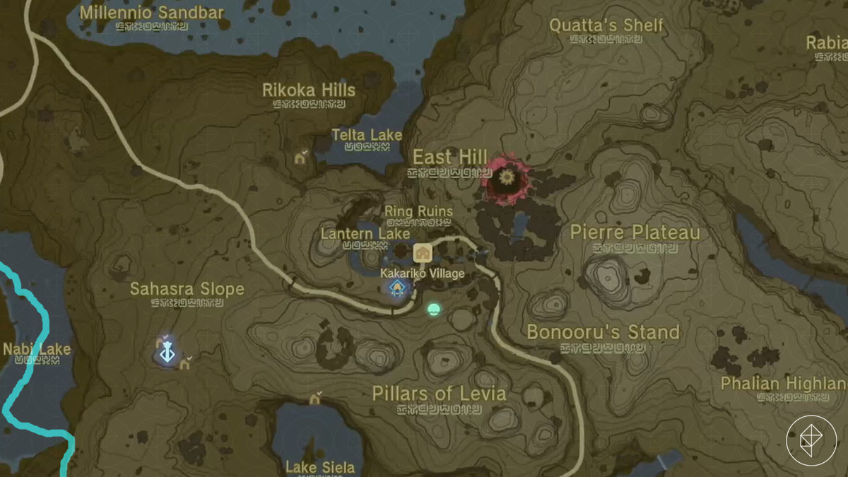 En karta visar platsen för Kakariko Village i The Legend of Zelda: Tears of the Kingdom.