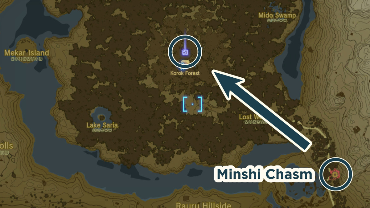 Väg för att komma till Korok-skogen genom Minshi Chasm på kartan över The Legend of Zelda: Tears of the Kingdom