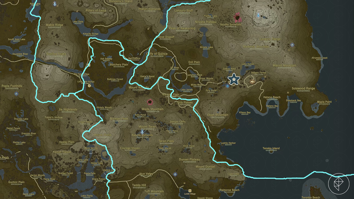 Karta som visar var Hateno Village är, på det sydöstra hörnet av kartan över Hyrule i Zelda: Tears of the Kingdom