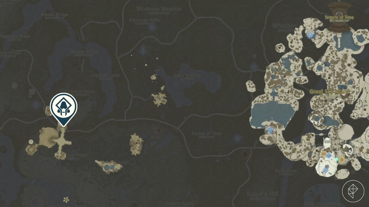 En karta visar Jinodok Shrine-platsen på himmelsöarna i Zelda: Tears of the Kingdom