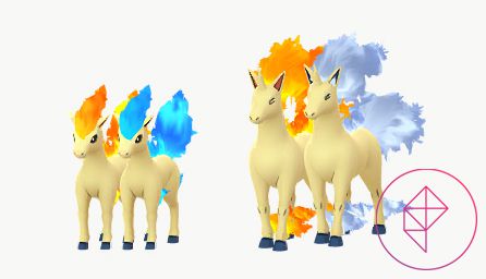 Shiny Ponyta och Rapidash i Pokémon Go med de vanliga formerna.  Shiny Ponyta får en blå eldman och glänsande Rapidash får en silverbrandman