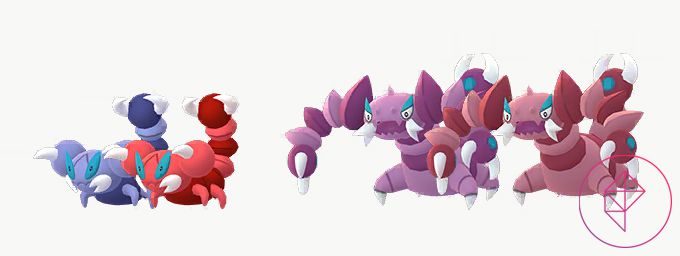 Skorupi och Drapion med sina glänsande former i Pokémon Go.  Shiny Skorupi är röd och glänsande Drapion är mer en vinröd. 