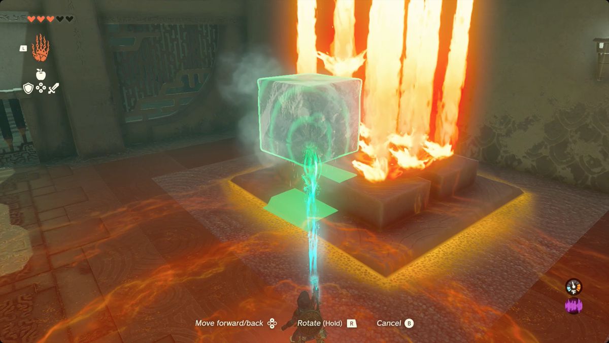 The Legend of Zelda: Tears of the Kingdom Link smälter ett isblock med eld.