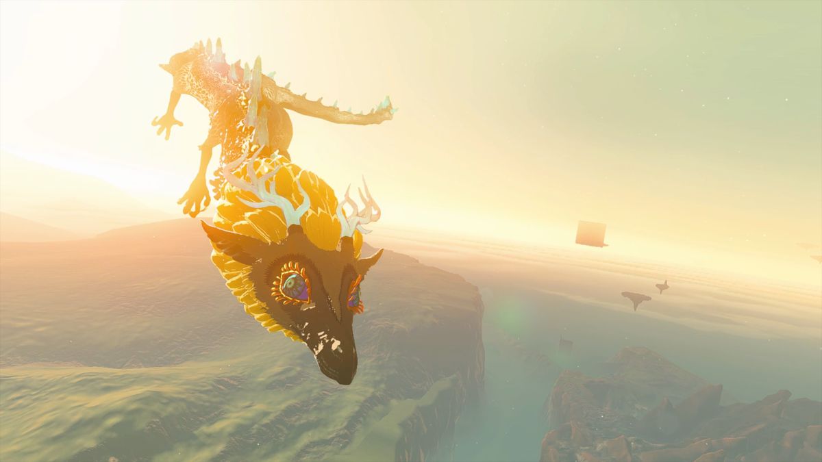 Den ljusa draken, med flödande gult hår, eteriska blå horn och ryggfjäll, flyger genom Hyrules himlar