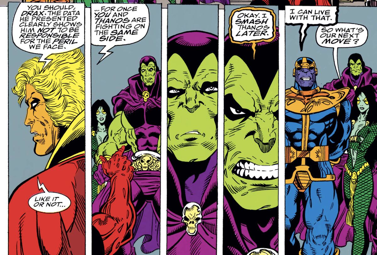 Adam Warlock, Gamora, Drax och Thanos diskuterar hur de måste arbeta tillsammans, och Drax kommer att krossa Thanos senare i Infinity War #2 (1992).