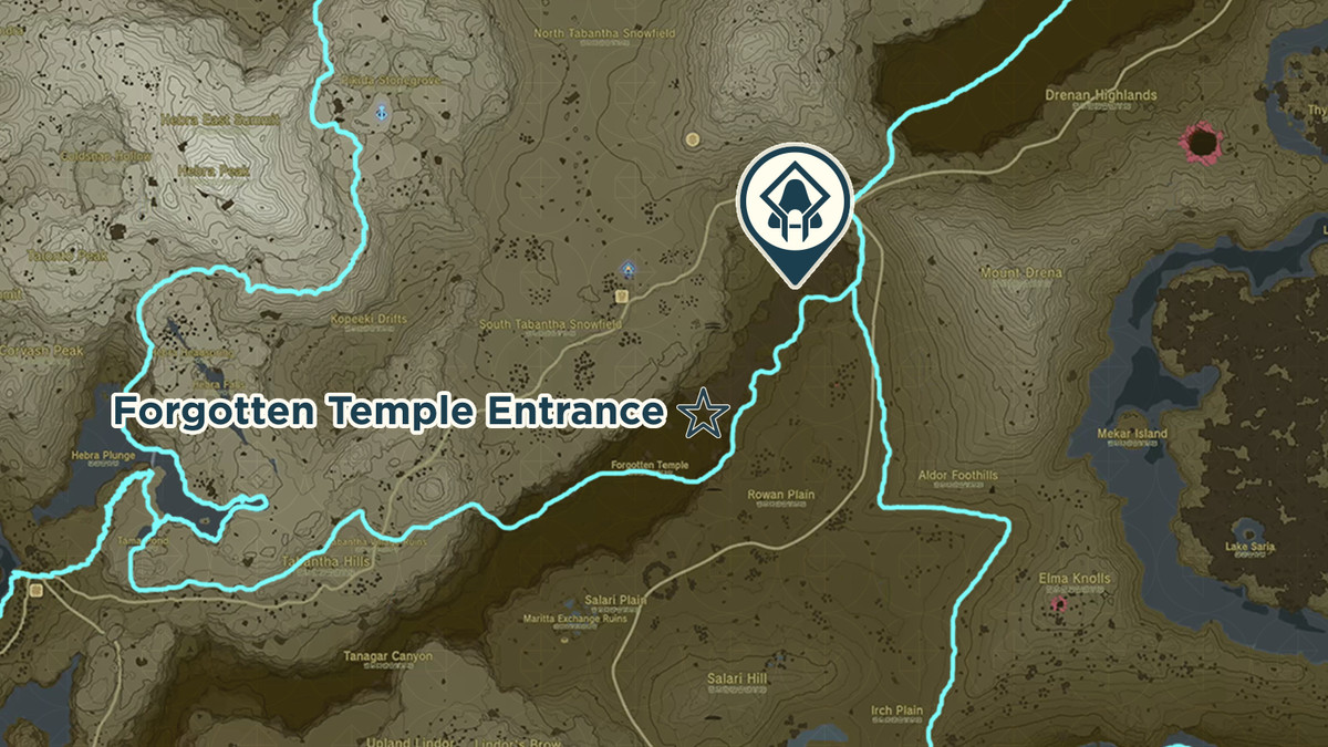 En karta visar Mayausiy Shrine-platsen i The Legend of Zelda: Tears of the Kingdom.  Det glömda templets ingång är också märkt med en stjärna på kartan.