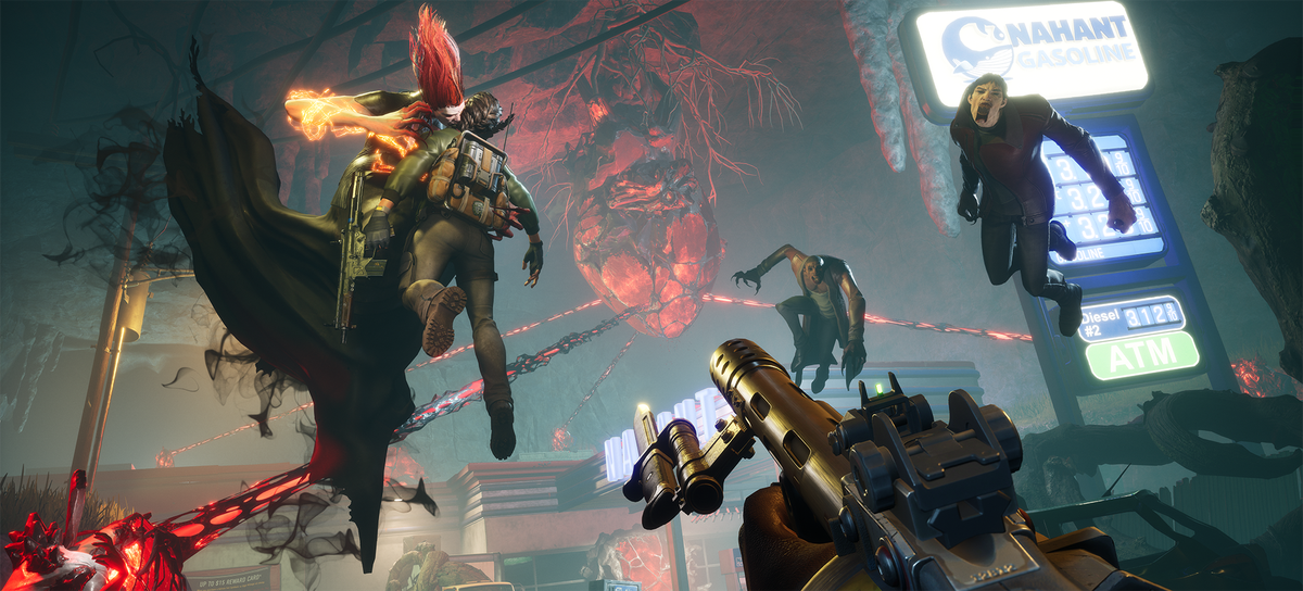 Spelaren riktar sitt maskingevär mot en grupp flytande vampyrer som har stigit ned på en allierad i Redfall