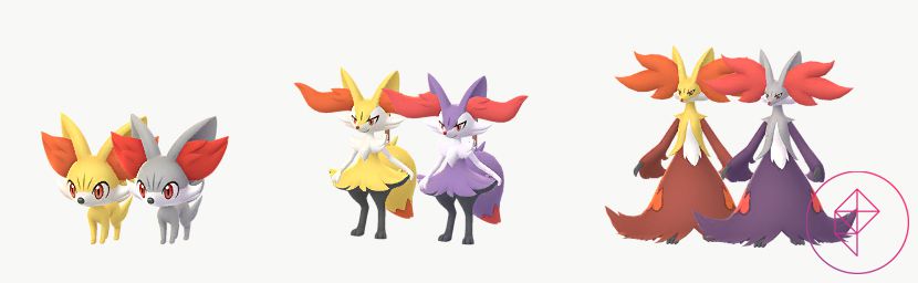 Fennekin, Braixen och Delphox med sina glänsande former i Pokémon Go.  Alla de blanka formerna blir silver och lila.