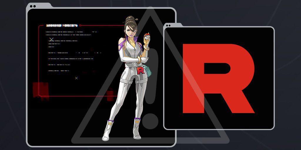 En kvinna i vit uniform med Team Rocket-logotypen står mitt på en dataskärm