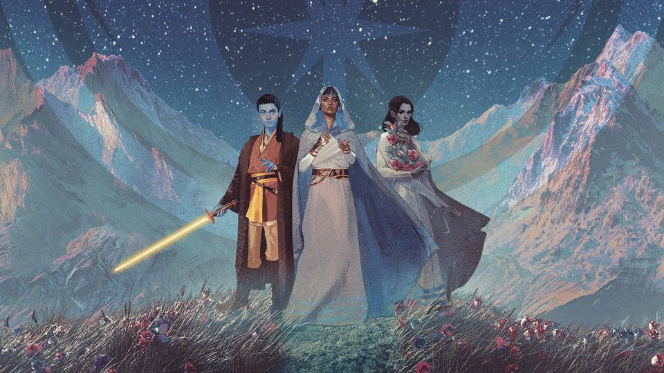 Konst från Star Wars YA-romanen The High Republic: Path of Deceit, som föreställer en ung jedi med blå hud och en guldsvärd som står bredvid en kvinna och knäpper blommor mot bröstet, och båda bakom en klädd kvinna med händerna utsträckta.