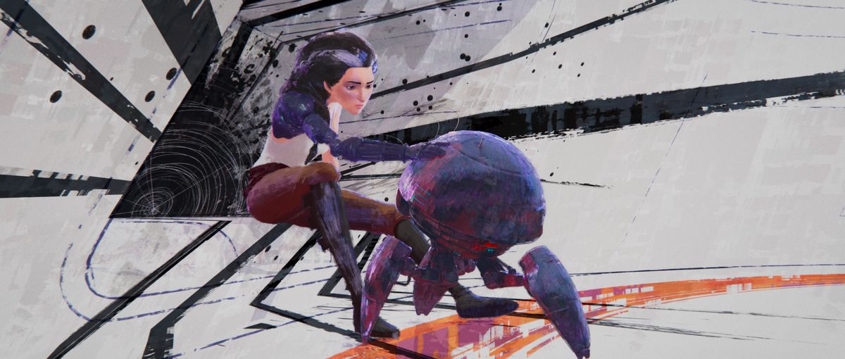 A woman with pale skin and dark hair with grey streaks sits on the edge of a futuristic bed, petting a spider-like droid with her robotic arm. 