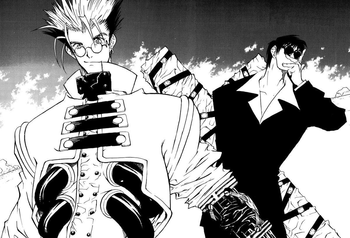 (LR) Vash the Stampede och Nicolas D. Wolfwood som avbildas i Yasuhiro Nightows 1998 manga Trigun Maximum.