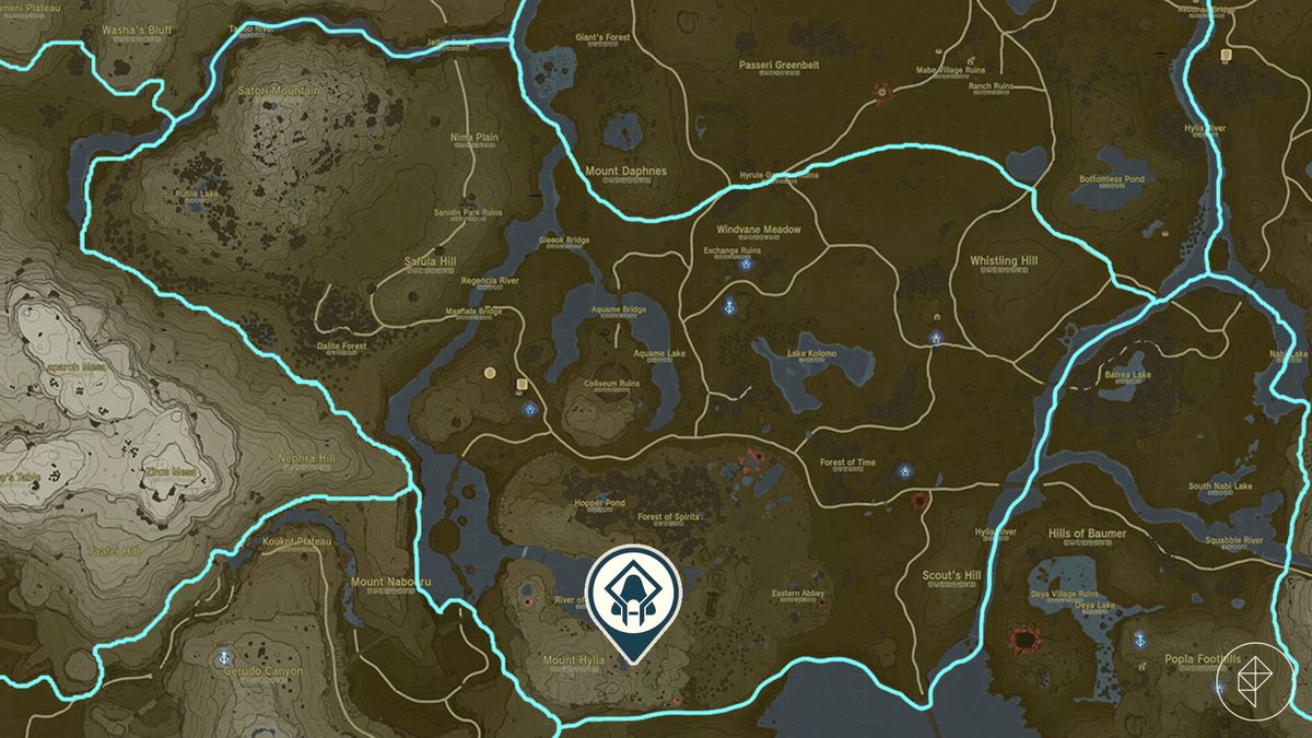 En karta visar platsen för Tadarok Shrine Fire and Water-utmaningen i Zelda: Tears of the Kingdom