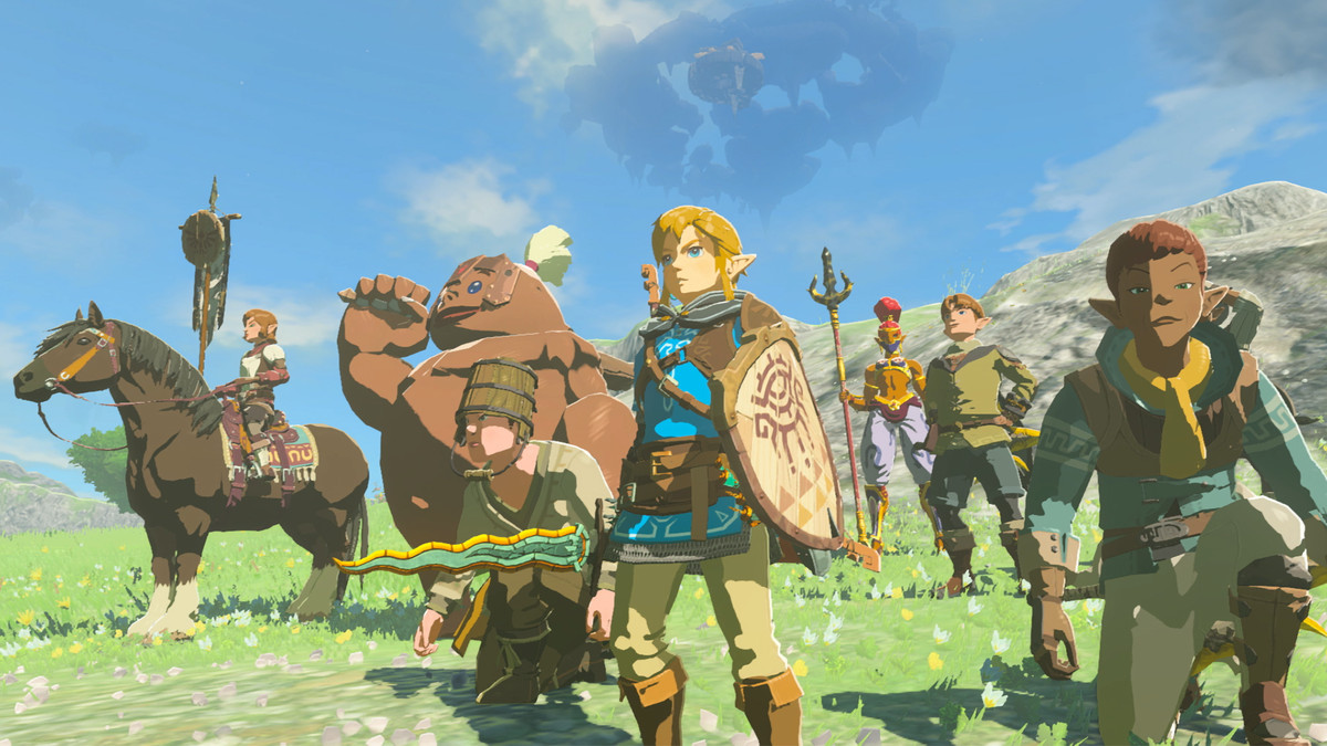 Link and several allies looking heroic on a grassy field in The Legend of Zelda: Tears of the Kingdom 
