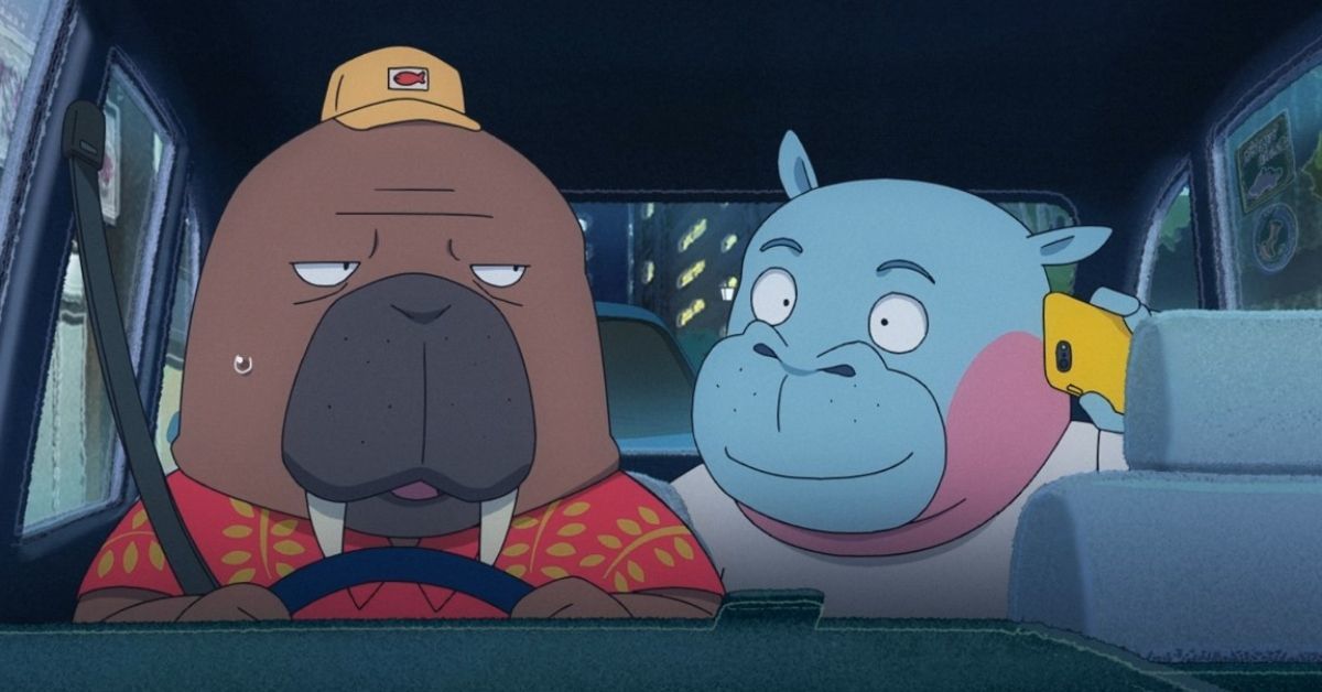 A walrus taxi driver talking to a smiling blue hippo passenger holding a yellow smart phone.
