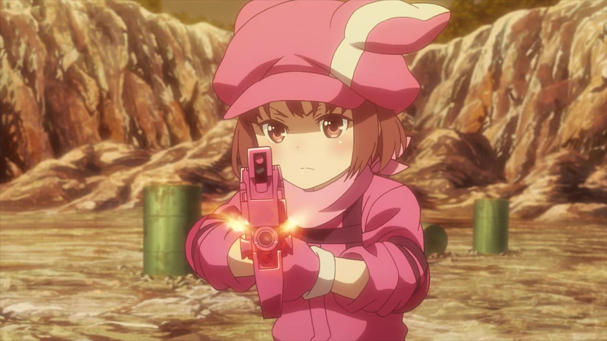 An anime girl in a pink outfit, wearing a pink hat with rabbit ears, aims down the sights of a pink FN P90 submachine gun in Sword Art Online Alternative: Gun Gale Online.