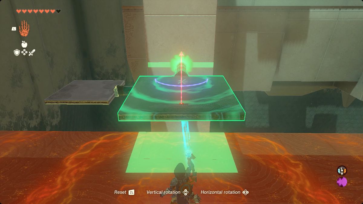 The Legend of Zelda: Tears of the Kingdom - Länk som placerar en plattform på en kolv i Tsutsu-um Shrine
