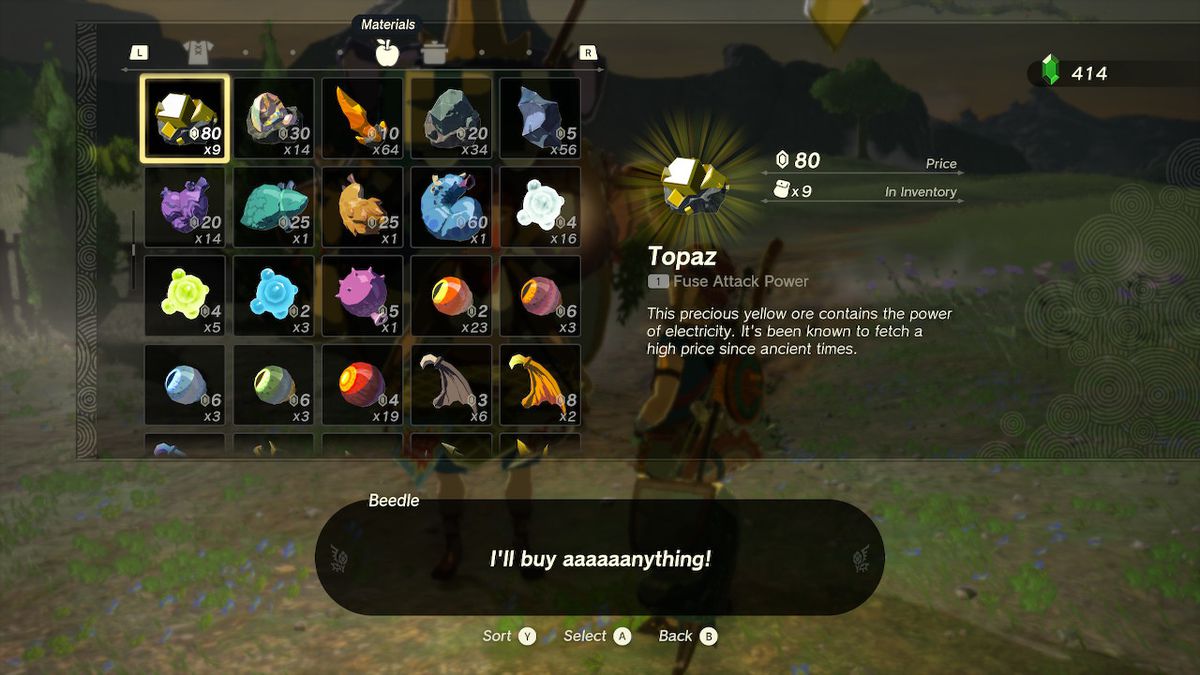 En handlarmenyskärm med länk som säljer material, som lyfter fram en Topaz för 80 rupier i Zelda: Tears of the Kingdom