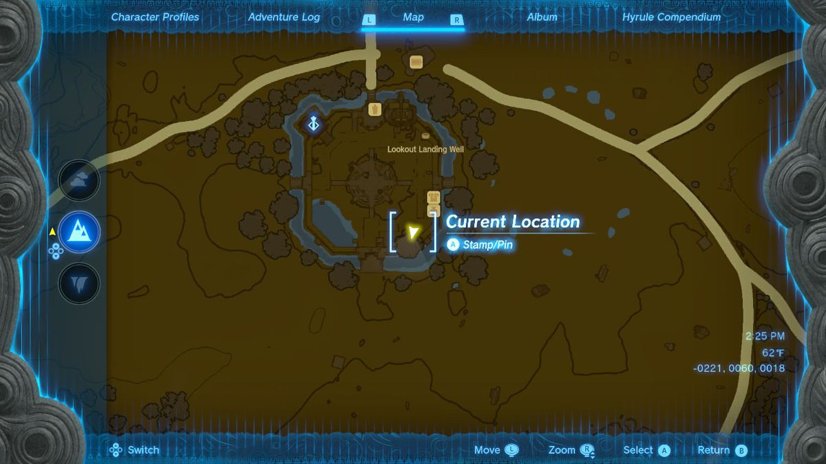 En skärmdump av Lookout Landings kartplats i Zelda: Tears of the Kingdom, skylt som glider platsen mellan klädaffären och stallet