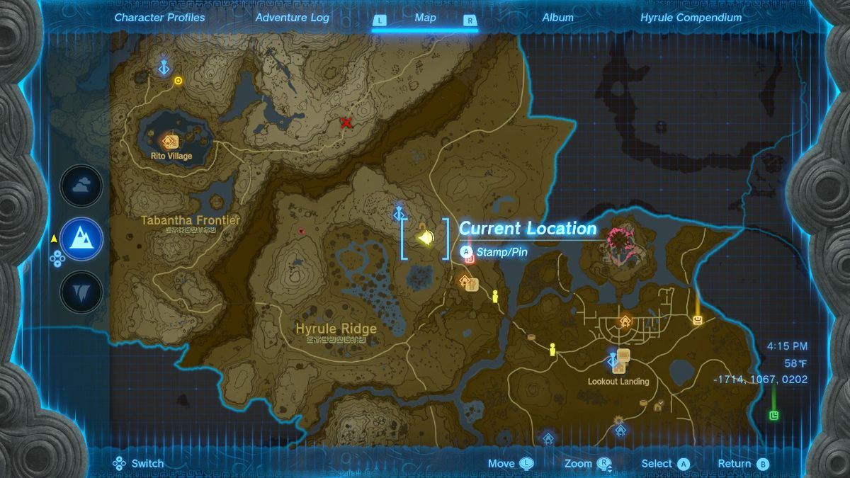 Kartplatsen för den första observationen av Hestu i Zelda: Tears of the Kingdom