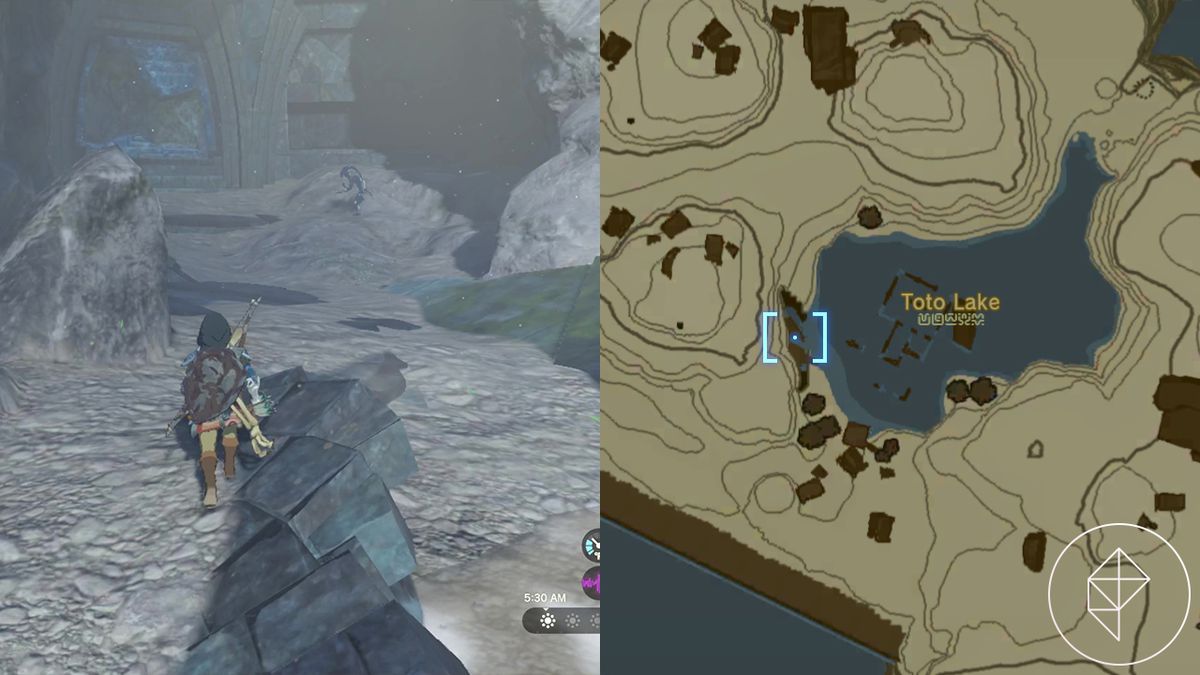 The Legend of Zelda: Tears of the Kingdom delad bild av Link som närmar sig Jiahtos grotta och en karta som visar grottans läge på Totosjöns västra kant.