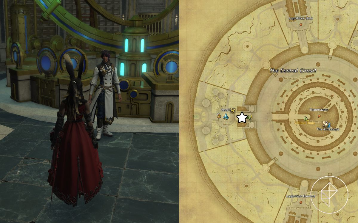 En Viera i rött står framför en man i vit mantel i Labyrinthos i Final Fantasy 14: Endwalker