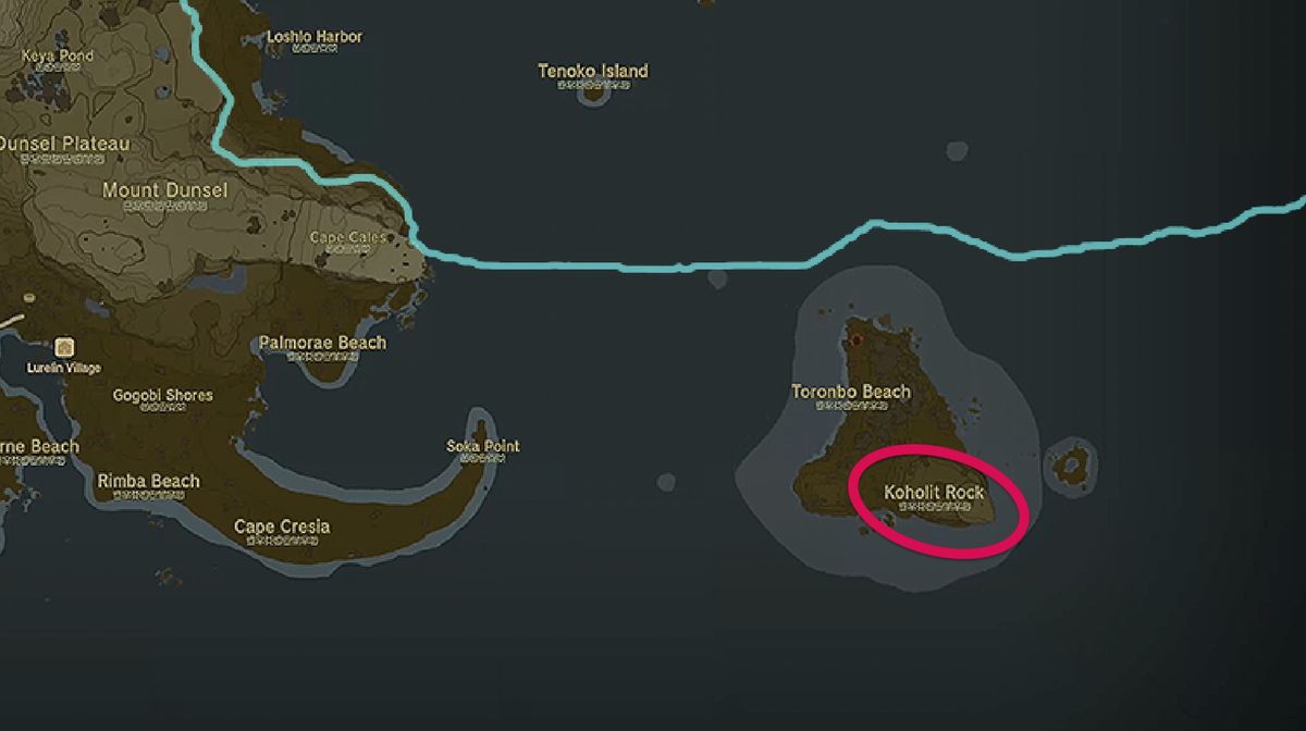 En inzoomad skärmdump av kartan över Hyrule i Zelda: Tears of the Kingdom, med 