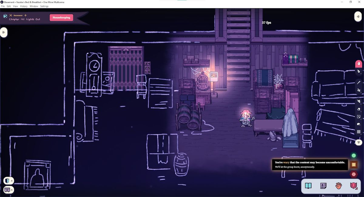 En nattscen, med Yazebas källare i lila och svart.  Skisser skisserar saker utanför spelarkaraktärens ljuskägla.