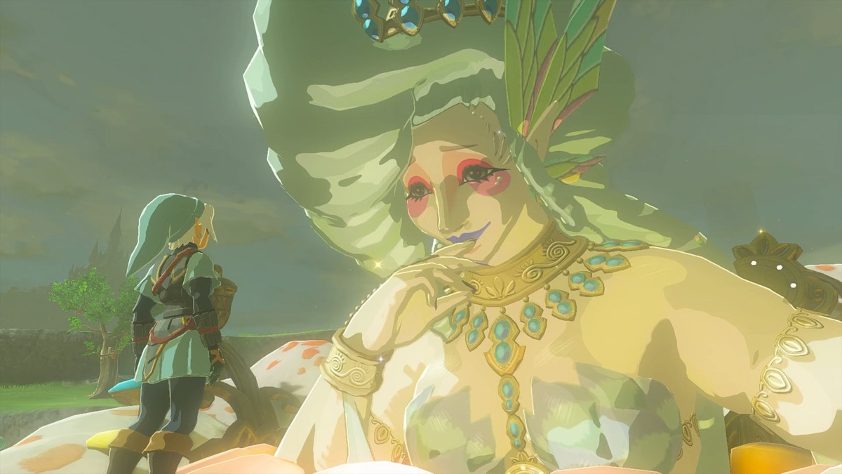 Link som bär pansarsetet Fierce Deity står framför en stor älva i The Legend of Zelda: Tears of the Kingdom
