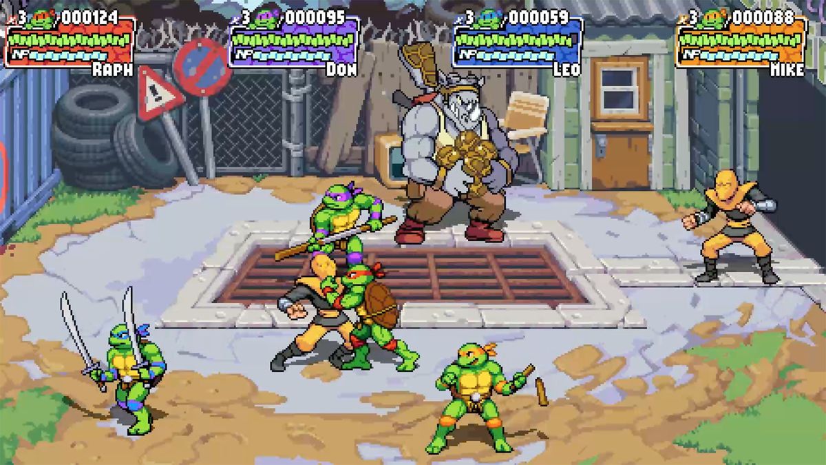 Skärmdump med Leonardo, Donatello, Raphael och Michelangelo som slåss mot fiender i Teenage Mutant Ninja Turtles: Shredder's Revenge.