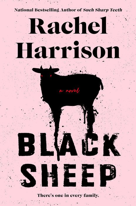Cover image for Rachel Harrison’s Black Sheep. It features an angry-looking black sheep with red eyes against a pink background with black dots.