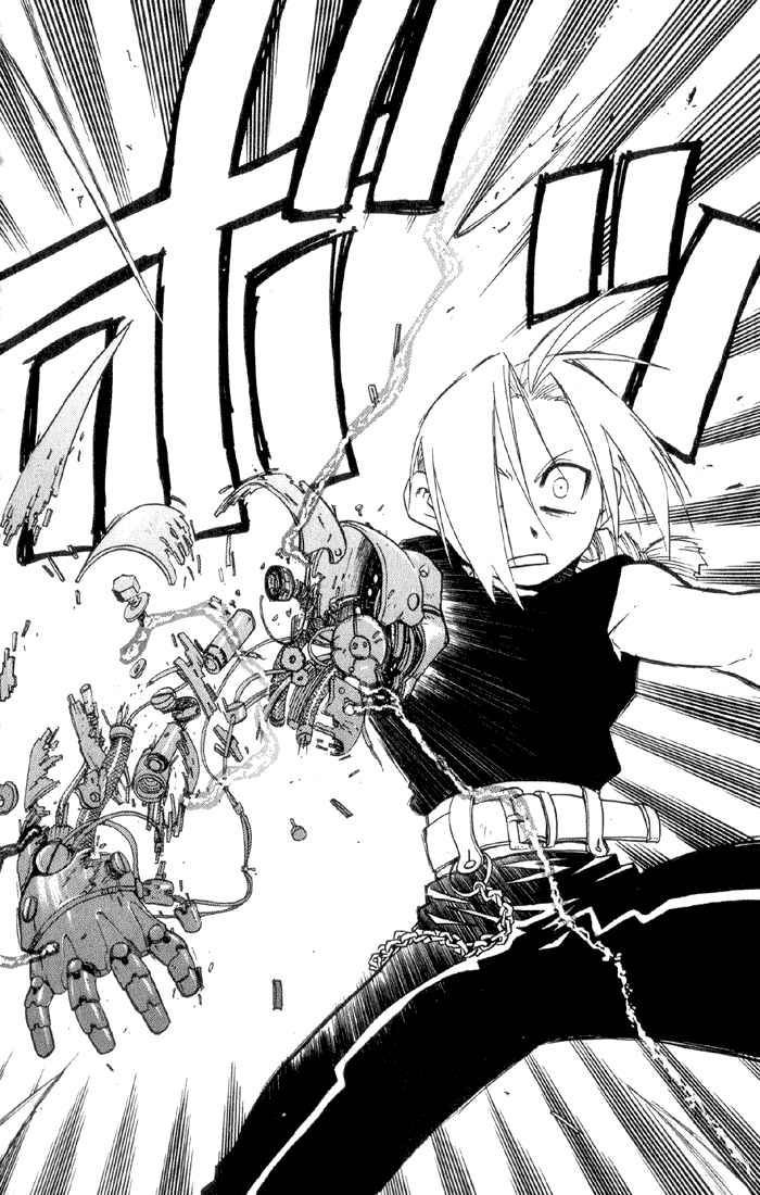 A panel of the Fullmetal Alchemist manga with Ed’s arm exploding and him looking shocked
