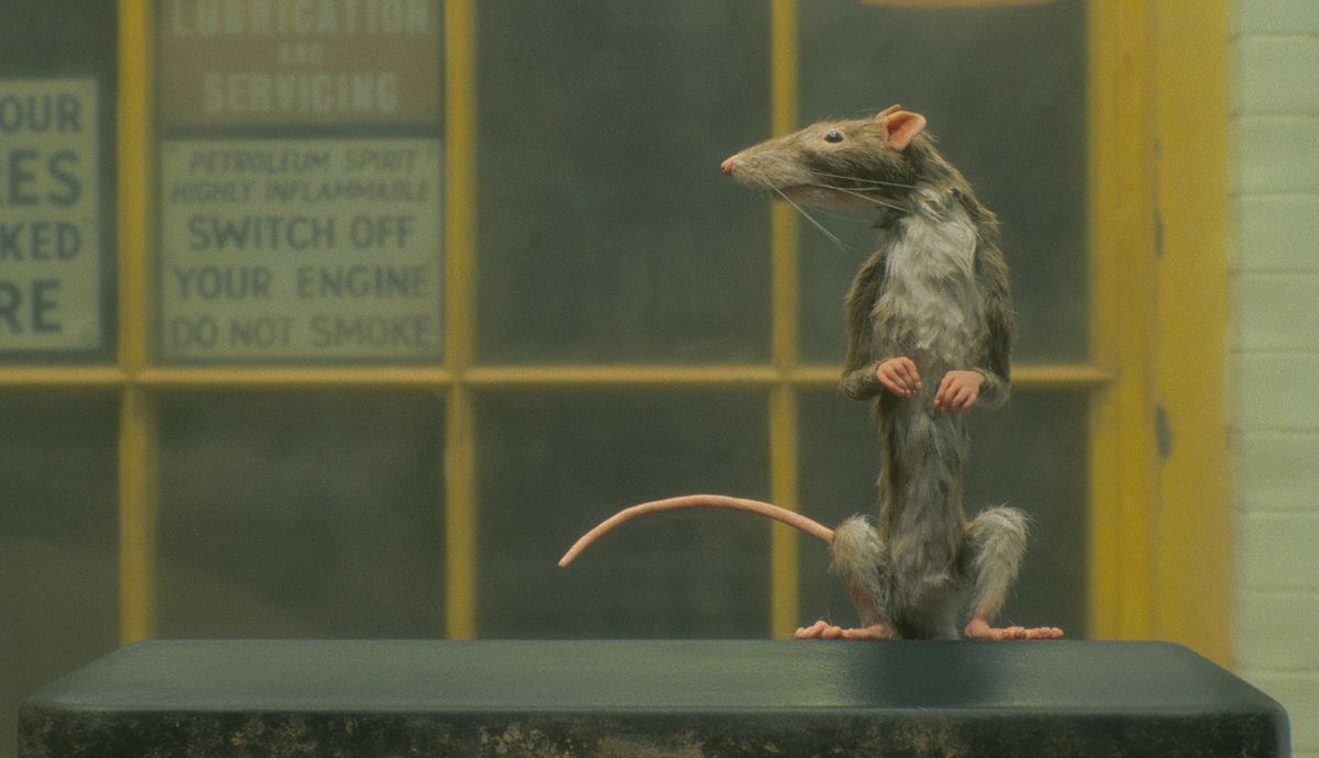 A very lean, gray animatronic rat with human-like pink front paws sits up on its haunches on a flat black surface in front of a window with mustard-yellow framing in Netflix’s short The Rat Catcher