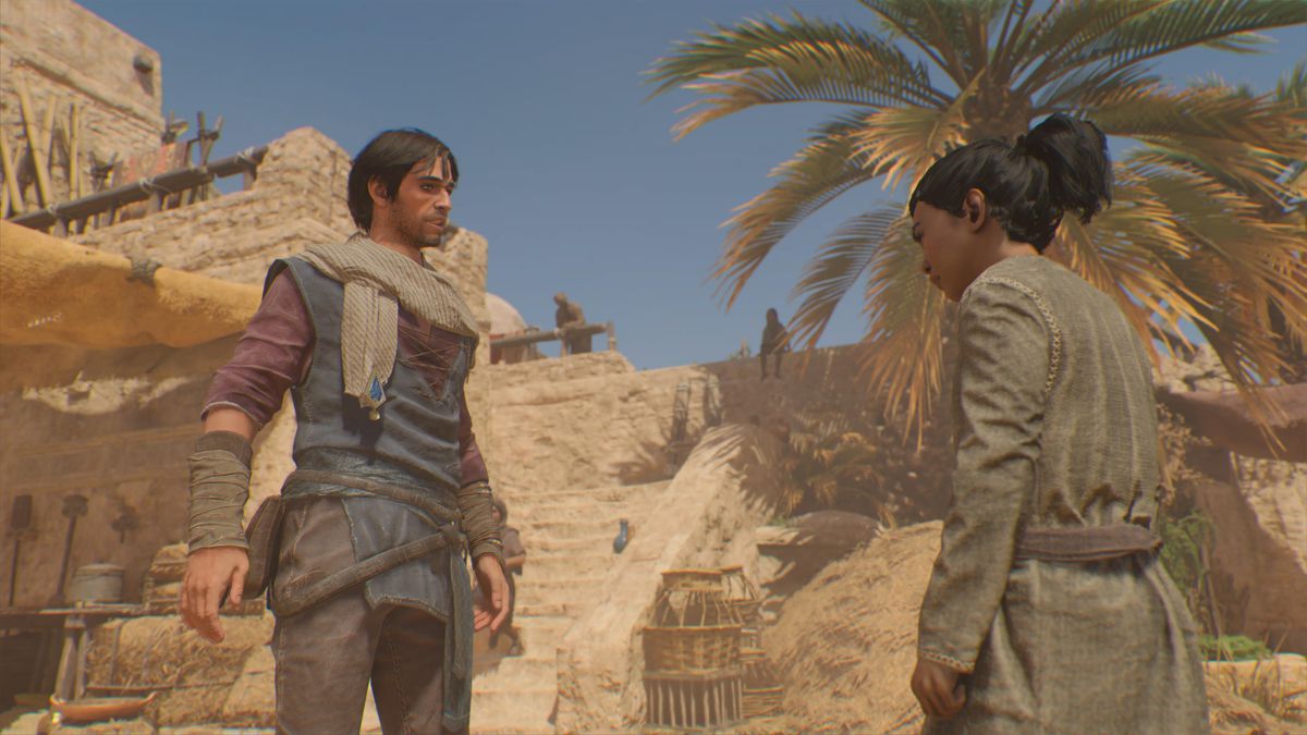 Basim, som gatutjuv, pratar med en yngre granne i Bagdad i Assassin's Creed Mirage