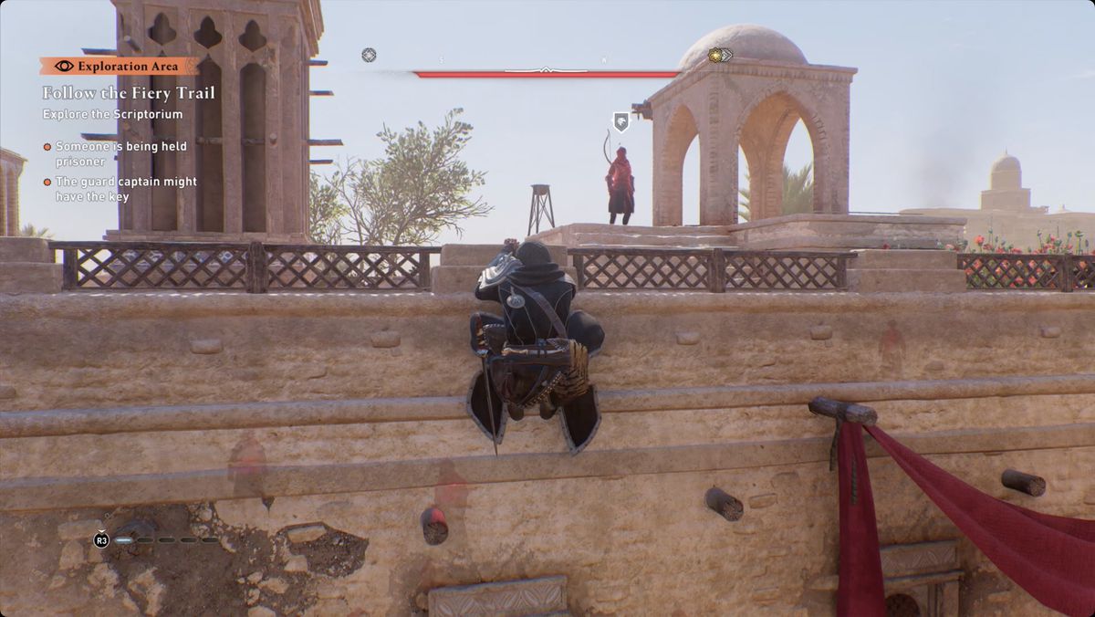 Assassin's Creed Mirage Basim närmar sig en skytt på taket av Scriptoriet.