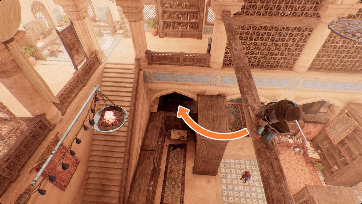 Assassin's Creed Mirage Basim i Visdomens hus med vaktmästaren på böckernas kontor markerat.