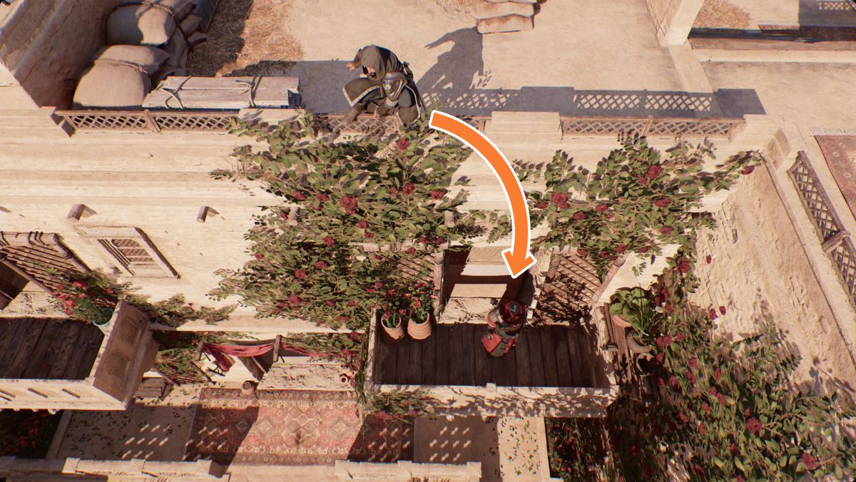Assassin's Creed Mirage Basim förbereder sig för att mörda en vaktkapten i Scriptoriet.