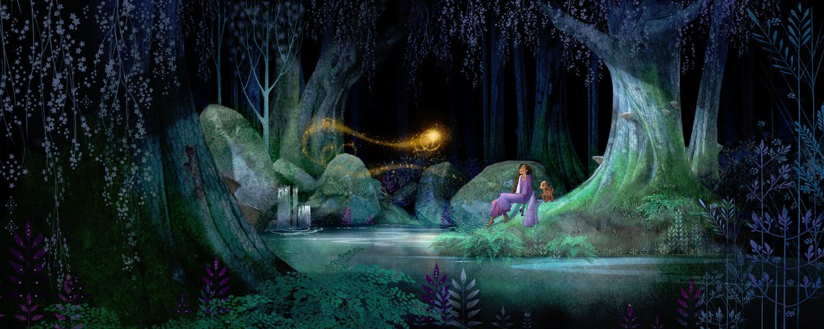 Konceptkonst för Disney's Wish, med huvudkaraktären, Asha, en mörkhyad kvinna med långt, rakt hår, och hennes husdjursget Valentino som sitter i en trädkantad grotta på den gröna stranden under ett särskilt stort träd omgivet av vatten, som en gyllene boll som lämnar ett spår av gyllene gnistor seglar genom mörkret