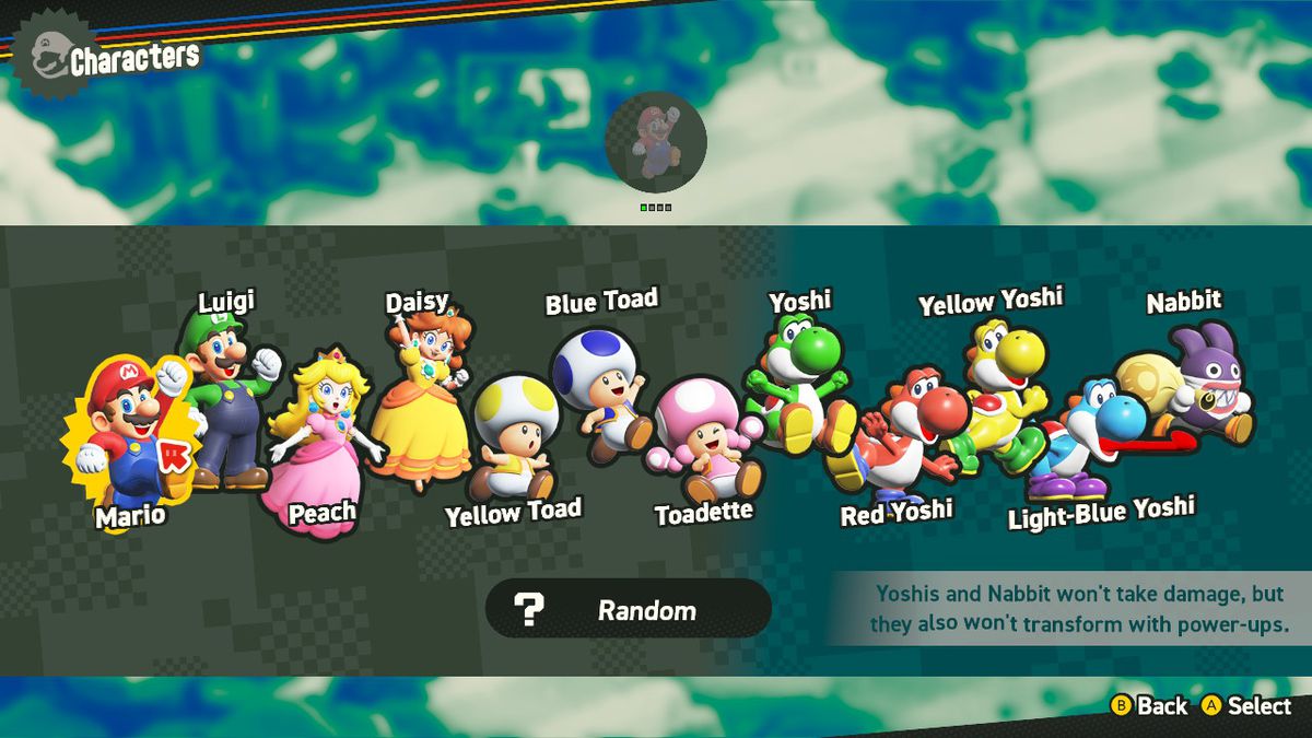 Karaktärsvalsmenyn i Super Mario Bros. Wonder innehåller Mario, Luigi, Peach, Daisy, Padda, Toadette, Yoshi och Nabbit