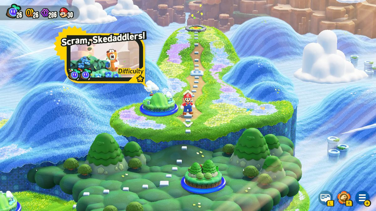 Mario tar en promenad på den första kartan över Super Mario Bros. Wonder och överväger att spela Scram, Skedaddlers nivå