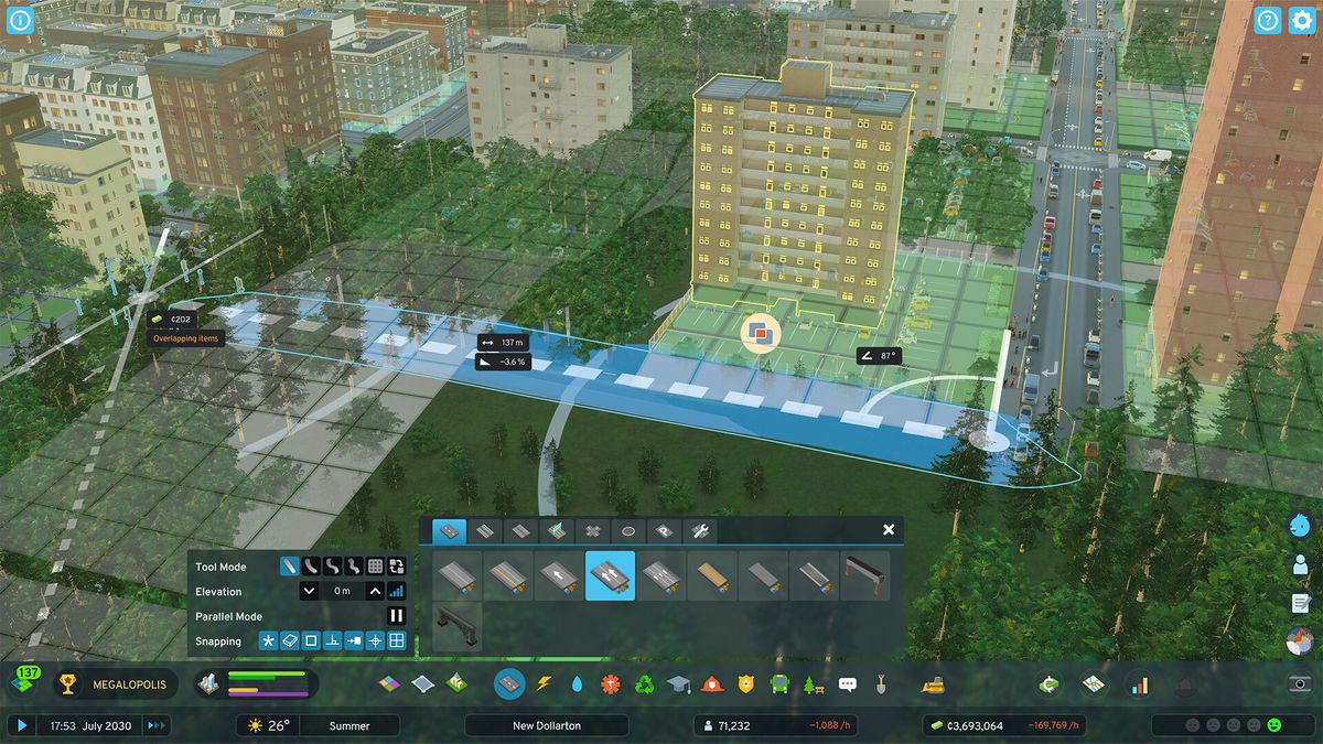 En bild av några byggnader i Cities: Skylines 2, med verktygsfält synliga i ram för att justera olika aspekter av dess design