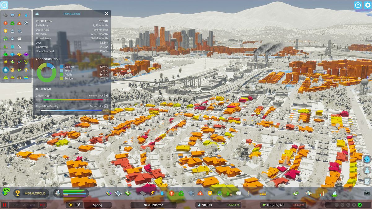 En bild av en vidsträckt stad i Cities: Skylines 2, med byggnader i olika storlekar markerade i rött och orange