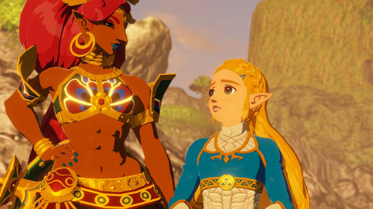 Zelda ser upp till Urbosa of the Gerudo i en skärmdump från Hyrule Warriors: Age of Calamity