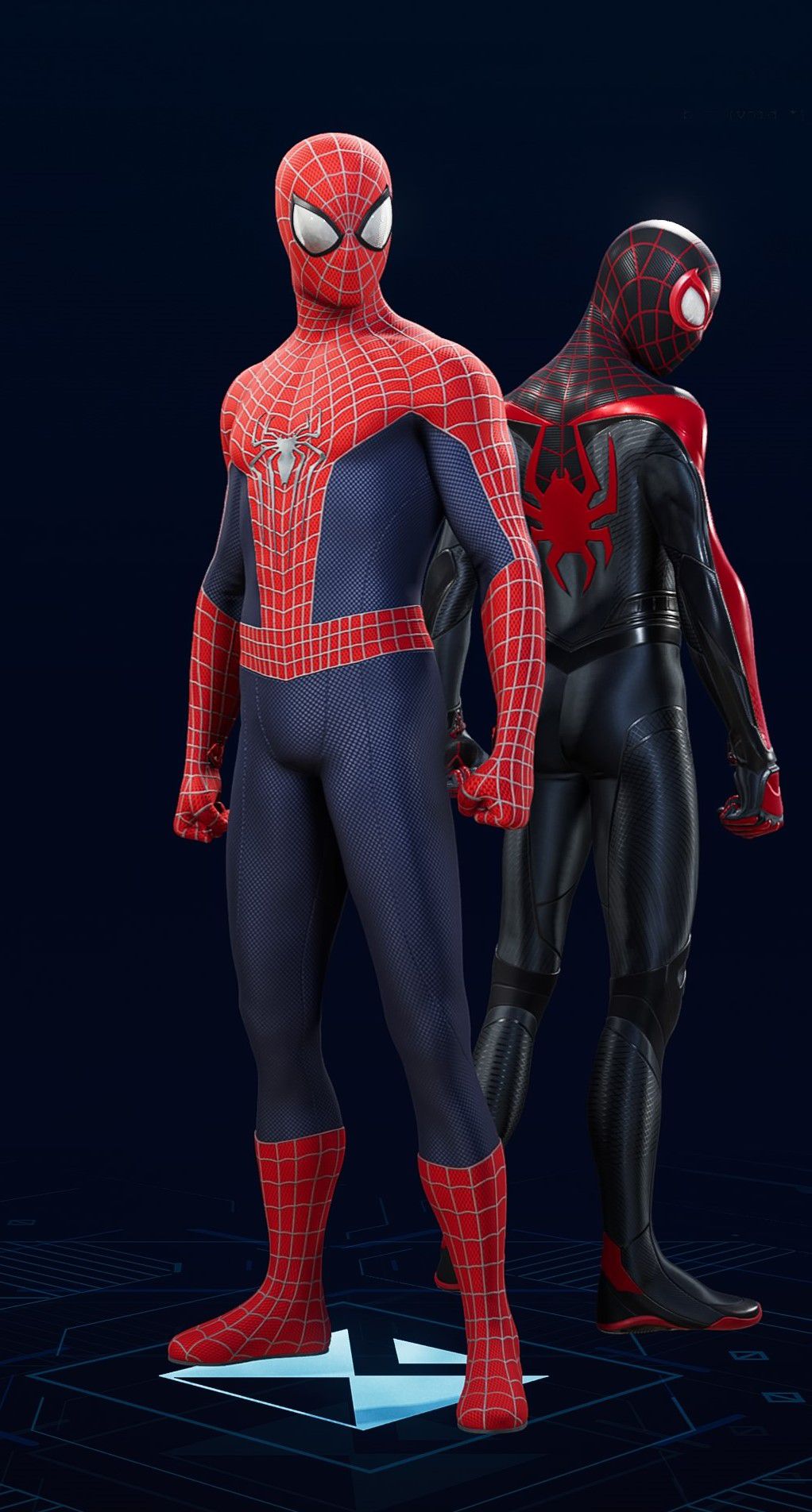 Peter Parker stands in his Amazing 2 Suit in the suit selection screen of Spider-Man 2.
