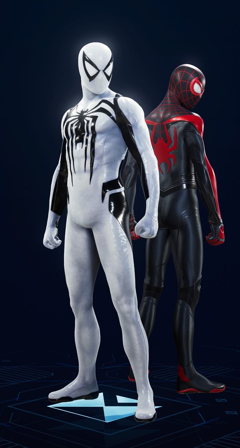 Peter Parker stands in his Anti-Venom Suit in the suit selection screen of Spider-Man 2.