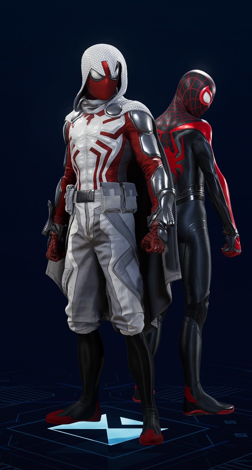 Peter Parker stands in his Arachknight Suit in the suit selection screen of Spider-Man 2.
