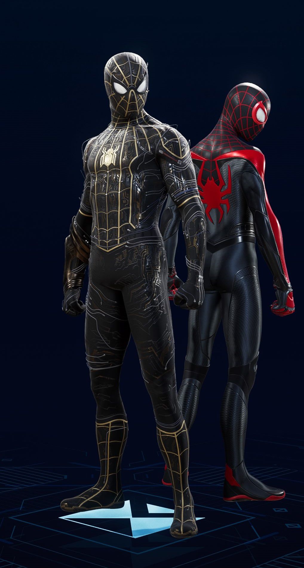 Peter Parker stands in his Black and Gold Suit in the suit selection screen of Spider-Man 2.